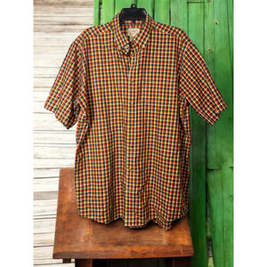 Men's L.L.Bean Plaid Button Down Shirt L Tall Orange Navy Short sleeve Cotton
